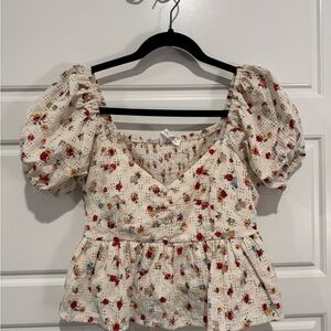 Altar'd State Cream Floral Puff Sleeve Blouse
